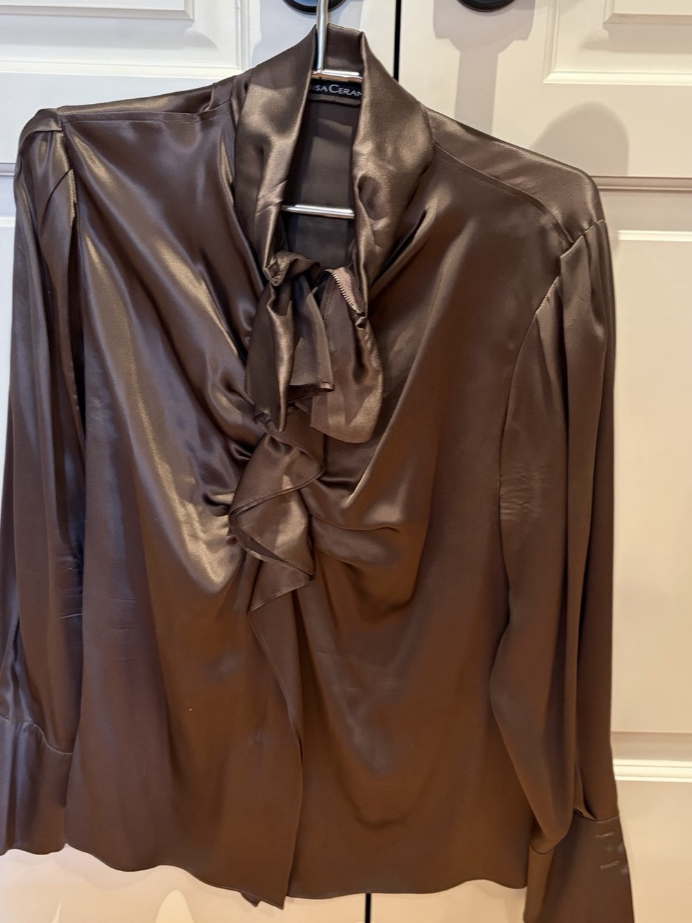Luisa Cerano Silk Tie-Neck Blouse in Brown Size Medium